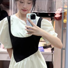 批发法式白色假两件连衣裙女夏季2026新款设计感小众长款泡泡袖初恋裙