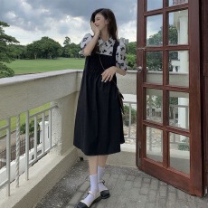 批发别致小裙子夏季假两件小众过膝<b class='q'>长裙</b>polo领泡泡袖森系温柔风连衣裙