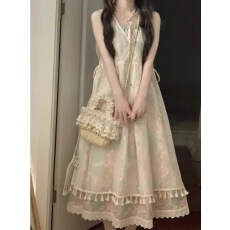 批发白色<b class='q'>连衣裙</b>女夏季2026新款甜美显瘦叠穿V领蕾丝网纱罩裙两件套