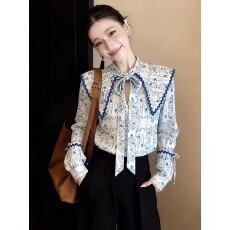 批发韩系轻奢氛围感<b class='q'>印花</b>领口系带长袖女2026年春季新款减龄超好看上衣