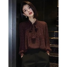 批发波点蝴蝶结飘带长袖衬衫女装春季2026<b class='q'>新款</b>咖色宽松百搭设计感上衣