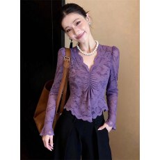 批发尚纯欲风蕾丝拼接V领设计褶皱长袖上衣女2025春季新款显瘦穿搭