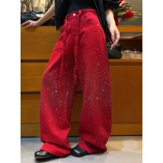 批发满天星重工烫钻红色高腰弯刀牛仔裤女2026春季新款宽松阔腿裤长裤