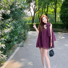 批发夏季设计感紫色雪纺衬衫甜辣上衣2026新款宽松挂脖轻熟风女装