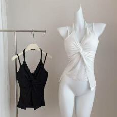 批发6016蕾丝拼接挂脖辣妹吊带背心夏季内搭美背<b class='q'>文胸</b>一体带胸垫上衣