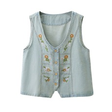 批发日系 <b class='q'>春</b>夏森系复古刺绣牛仔马夹设计感宽松叠穿坎肩别致马甲