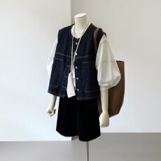 批发明线复古设计感深蓝色牛仔马甲女<b class='q'>秋</b>季新款时髦短款背心
