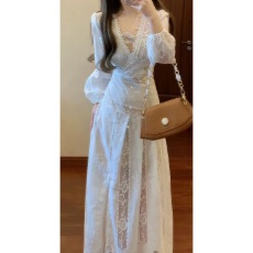 批发一见倾心法式重工刺绣蕾丝拼雪纺连衣裙女神范气质度假长裙