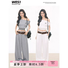 批发4.13新品WESTAYONE华夫格针织斜肩短袖<b class='q'>t</b><b class='q'>恤</b>女休闲套<b class='q'>装</b>+阔腿<b class='q'>裤</b>