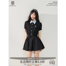 批发POPWEST丨夏日撞色拼接假两件短袖卫衣开衫<b class='q'>上衣</b><b class='q'>外套</b>蓬蓬半裙套装