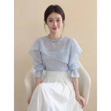批发法式蓝色荷叶边长袖<b class='q'>衬衫</b>女士2026春夏新款气质高级感百搭洋气上衣