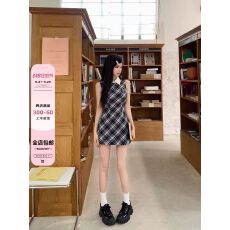 批发画解WAHJU 蓝风铃 POLO领格子短款连衣裙女<b class='q'>夏</b>季收腰减龄别致A字裙
