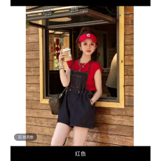 批发简约显瘦休闲百搭短袖T恤上衣遮肉宽松复古背带阔腿裤<b class='q'>连体裤</b>套装
