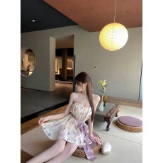 批发项天鹅er 度假风抹胸连衣裙女2026夏季新款法式碎花a字裙雪纺裙子