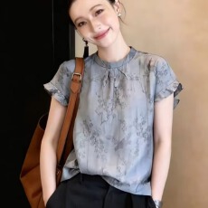 批发新中式灰调水墨印花圆领短袖衬衫女夏季新款高端宽松透气亚麻<b class='q'>上衣</b>
