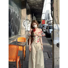 批发Xxiiuu油画来信法式小衫碎花鱼骨一字肩上衣女夏雪纺衫<b class='q'>上装</b>