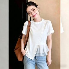 批发白色圆领短袖设计感t恤女夏季新款<b class='q'>欧根纱</b>拼接棉