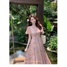批发凌茜恣禾桃粉幻梦法式<b class='q'>复古</b>晕染碎花收腰显瘦夏季<b class='q'>连衣裙</b>