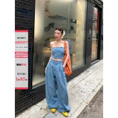 批发DULA好好家 辣妹提花牛仔短款抹胸背心女夏季+高腰阔腿牛仔裤<b class='q'>套装</b>