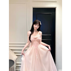 批发桔梗house 暮色粉纱度假风吊带<b class='q'>连衣裙</b>褶皱抹胸大摆网纱长款仙女裙
