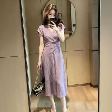 批发法式绝美紫色v领连衣裙子女夏季2026年新款高级感不规则气质长裙