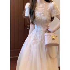 批发气质高级感千金风粉色重工网纱<b class='q'>拼接</b><b class='q'>连衣裙</b>提花掐腰生日裙子2026夏
