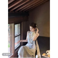 批发早寻婷婷月落汀兰 “棉麻” 浅蓝印花旗袍连衣裙
