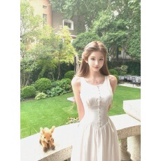 批发JMSHOP 白色桔梗 少女感绑带收腰<b class='q'>连衣裙</b>女夏大方得体<b class='q'>无袖</b>长款裙子