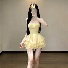 批发轻奢纯欲风黄色一字肩拼接网纱抹胸连衣裙女春季收腰显瘦绝美短裙