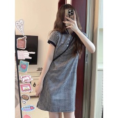 批发一只西由XIYO甜美<b class='q'>可爱</b>学院风polo领格子短袖<b class='q'>连衣裙</b>夏季小个子短裙
