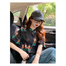 批发新中式国风黑色小唐人短袖<b class='q'>t</b><b class='q'>恤</b>女夏季斜襟盘扣改良唐装年轻版上衣
