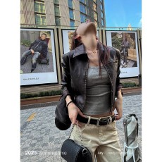 批发SUNONEONE 酷飒风美式短款皮衣外套女早秋修身PU复古机车夹克上衣