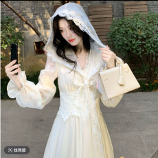 批发Blovelan溪涧听雪 气质款蕾丝多穿法兜帽收腰长裙