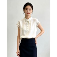 批发温婉新中式系带<b class='q'>立领</b>上衣女夏季2026新款网纱拼接下摆抽绳气质衬衫