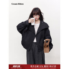 批发Cream Kitten 鎏金诗章 复古立领双排扣短款风衣女<b class='q'>秋</b>冬外套上衣