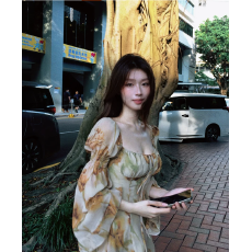 批发SYA奚小西 法式复古方领上衣女秋季抹胸荷叶袖碎花温柔长袖小衫