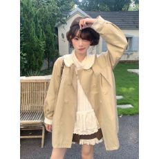 批发秋日奶杏 韩系少女双层刺绣花边娃娃领蝴蝶结A字秋季风衣宽松外套
