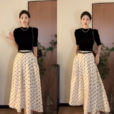 批发秋季新款<b class='q'>丝绒</b>修身正肩中袖女显瘦百搭气质内搭上衣+波点半裙<b class='q'>套装</b>