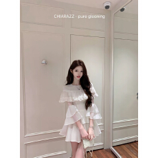 批发Chiarazz 纯白清楚系 天丝莱赛尔荷叶边喇叭袖小白裙<b class='q'>连衣裙</b>