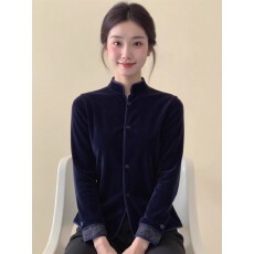 批发新中式女装藏青色立领单排扣<b class='q'>丝绒</b>开衫外套26冬洋气高级感国风上衣