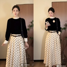 批发秋季新款丝绒修身正肩中袖女显瘦百搭<b class='q'>气质</b>内搭上衣+波点半裙套装