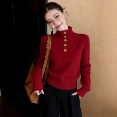 批发巨好看新年红色半高领针织衫女秋冬高级感内搭打底衫毛衣短款上衣