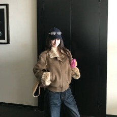 批发Skk Store 伦敦少女 中古麂皮烫金复古皮毛一体环保毛毛夹克外套