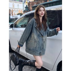 批发PPHOME美式复古蓝色西服领<b class='q'>牛仔</b>外套女秋季宽松大版显瘦夹克上衣