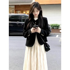 批发2026新款黑色千金小香风外套<b class='q'>连衣裙</b>子女<b class='q'>秋冬</b>韩系穿搭一整套装长裙