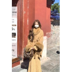 批发Xxiiuu檀金云裘狐狸毛系带气质毛呢外套女收腰宽松羊毛大衣