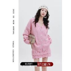 批发颖子定制日落唱片针织花边开衫毛衣女秋<b class='q'>冬</b>季高腰短裙两件套装