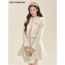 批发PUFFFOREVER名媛世家重工<b class='q'>钉珠</b>千金感米色小香风<b class='q'>连衣裙</b>女外套