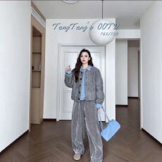 批发秋冬新款韩系设计感叠穿毛毛外套蓝色<b class='q'>镂空</b>衬衫<b class='q'>开衫</b>阔腿裤三件套女