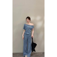 批发颂宋夏季新款简约时尚休闲短上衣搭配高腰阔腿裤女款套装